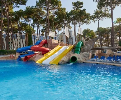 Foto de los toboganes que dan a la piscina de niños y adultos con las palmeras al fondo