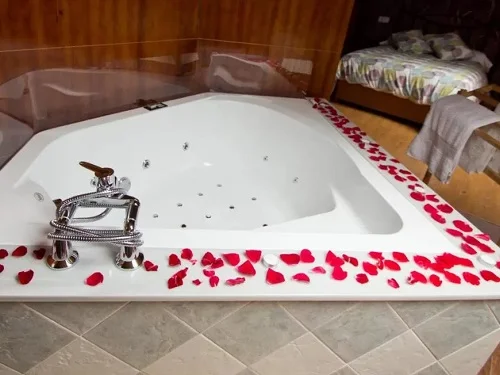 Foto del jacuzzi que se encuentra frente a la cama en el dormitorio de los apartamentos Rurales Caxila