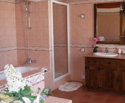 Foto del baño con bañera de hidromasaje de la casa Can Gat 
