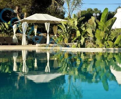 Foto de la piscina con toldo y decoración vegetal de la casa Costa Ibiza Villa 
