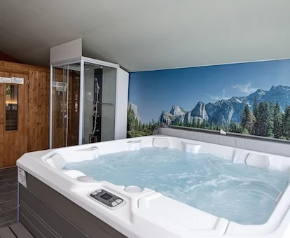 Foto del jacuzzi de gran tamaño para cuatro personas y con un ducha de hidromasaje y sauna al fondo