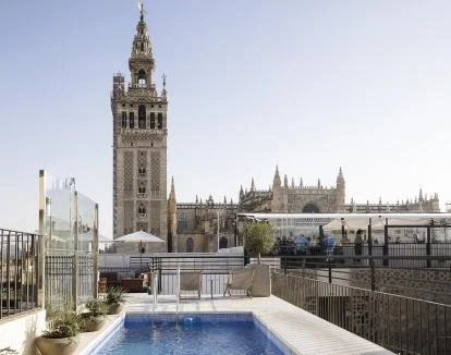 Foto de la piscina en la azotea del hotel con vistas a la Giralda.