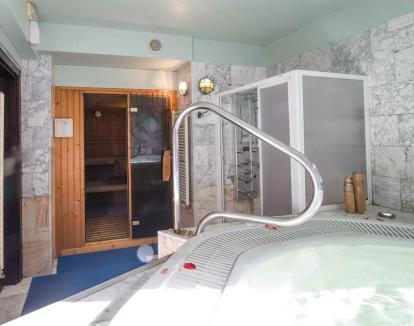Foto de la pequeña sala de relax con sauna y jacuzzi.