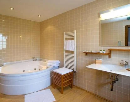 Foto de la moderna Suite con equipamiento hipoalergénico, jacuzzi privado y vistas a la naturaleza.