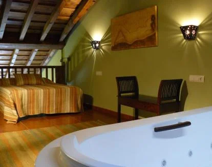 Foto de la Habitación con jacuzzi privado y cama grande.