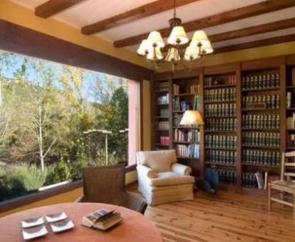 Foto del salón común con biblioteca y un amplio ventanal que se encuentra en el hotel La Casita de Cabrejas
