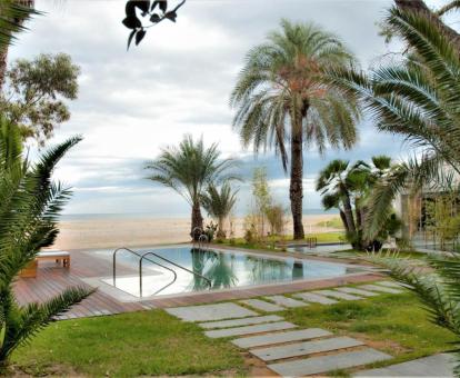 Preciosa piscina rodeada de jardines con acceso directo a la playa de este hotel boutique.