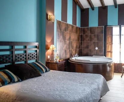 Habitación doble con bañera de hidromasaje privada junto a la cama.