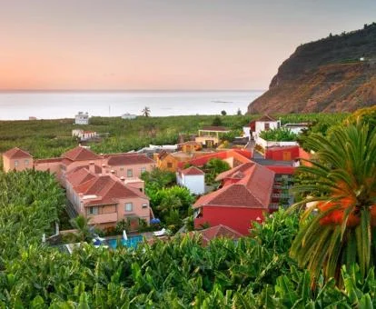 Vista aérea de este hermoso hotel rural rodeado de grandes extensiones de palmeras.