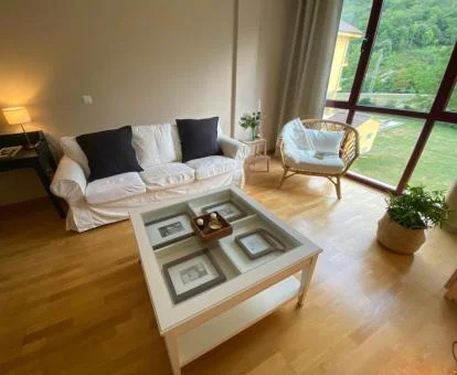Sala de estar con amplios ventanales y hermosas vistas de este apartamento independiente.