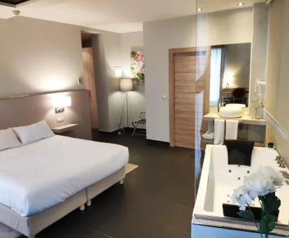 Preciosa Habitación Doble Deluxe con bañera de hidromasaje junto a la cama.